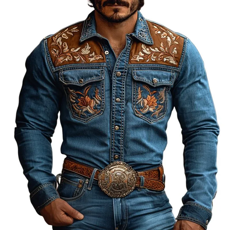 Men's Western Cowboy Style Embroidered Lapel Chest Pocket Long Sleeve Denim Shirt 98451182Z sold by Manly
