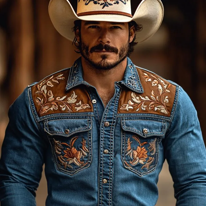 Men's Western Cowboy Style Embroidered Lapel Chest Pocket Long Sleeve Denim Shirt 98451182Z sold by Manly product image thumbnail 3