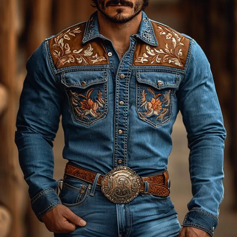 Men's Western Cowboy Style Embroidered Lapel Chest Pocket Long Sleeve Denim Shirt 98451182Z sold by Manly product image thumbnail 2