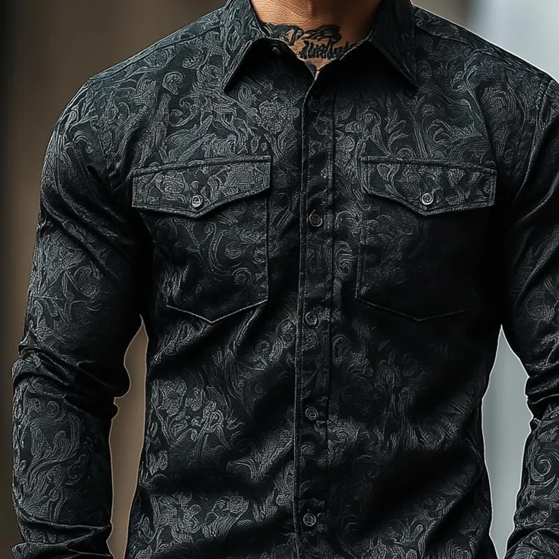 Men's Retro Dark Pattern Lapel Chest Pocket Long Sleeve Shirt 32222235Z sold by Manly product image thumbnail 3