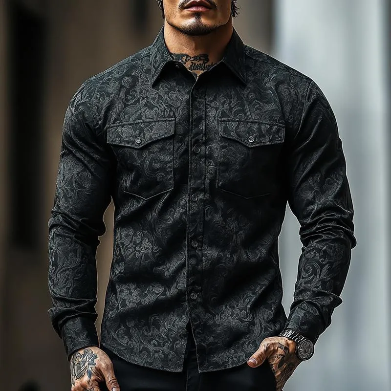 Men's Retro Dark Pattern Lapel Chest Pocket Long Sleeve Shirt 32222235Z sold by Manly product image thumbnail 2