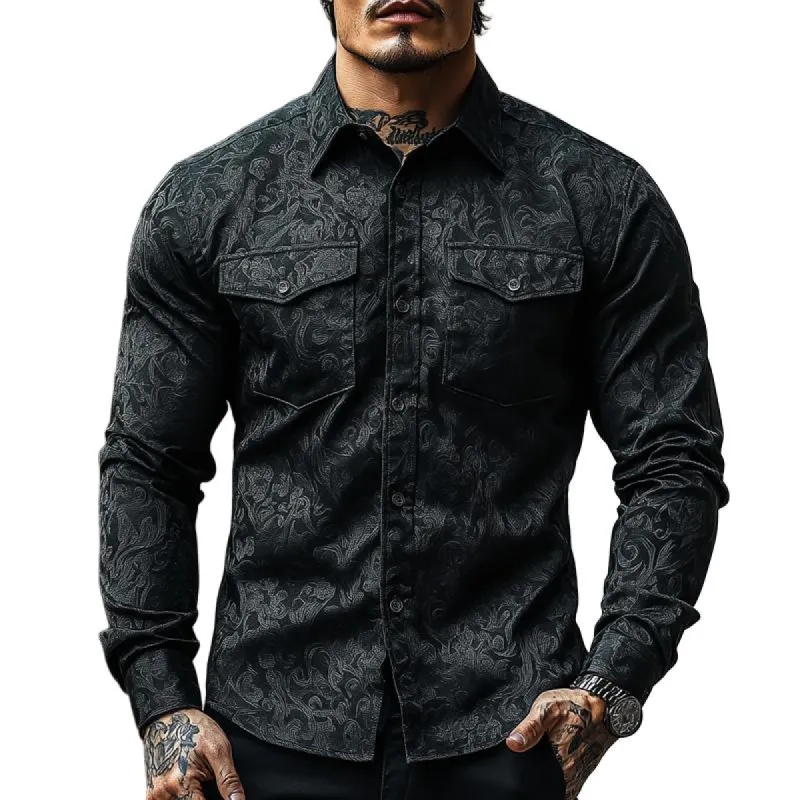 Men's Retro Dark Pattern Lapel Chest Pocket Long Sleeve Shirt 32222235Z sold by Manly