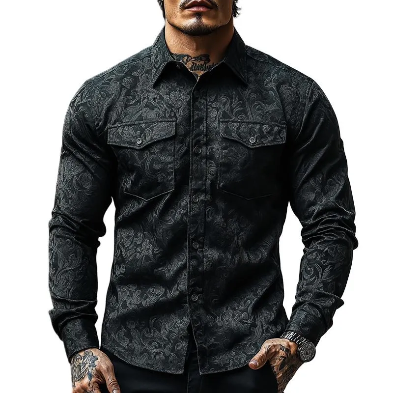 Men's Retro Dark Pattern Lapel Chest Pocket Long Sleeve Shirt 32222235Z sold by Manly