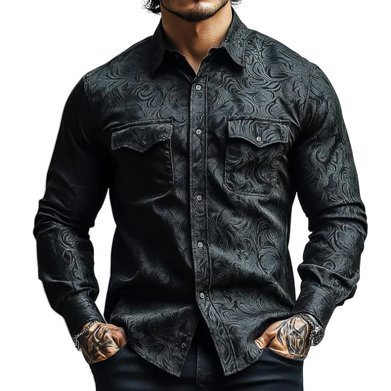 Men's Retro Dark Pattern Lapel Chest Pocket Long Sleeve Shirt 56375473Z sold by Manly