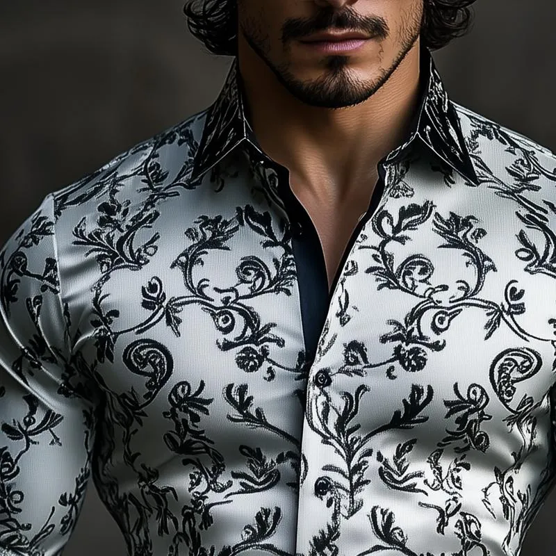 Men's Vintage Jacquard Embroidered Satin Lapel Long Sleeve Shirt 87484004Z sold by Manly product image thumbnail 3