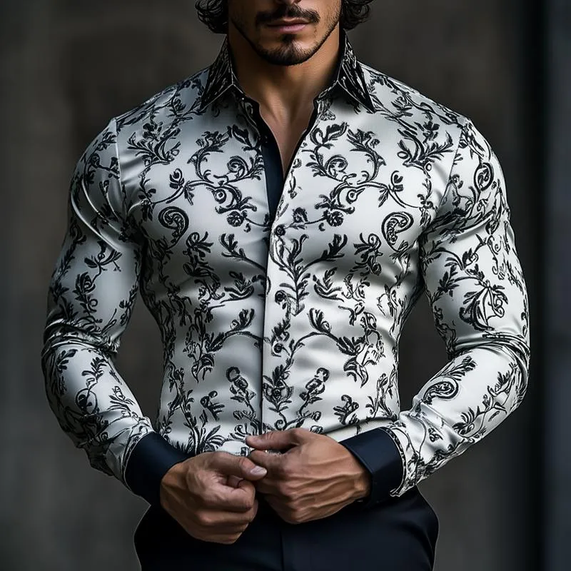 Men's Vintage Jacquard Embroidered Satin Lapel Long Sleeve Shirt 87484004Z sold by Manly product image thumbnail 2