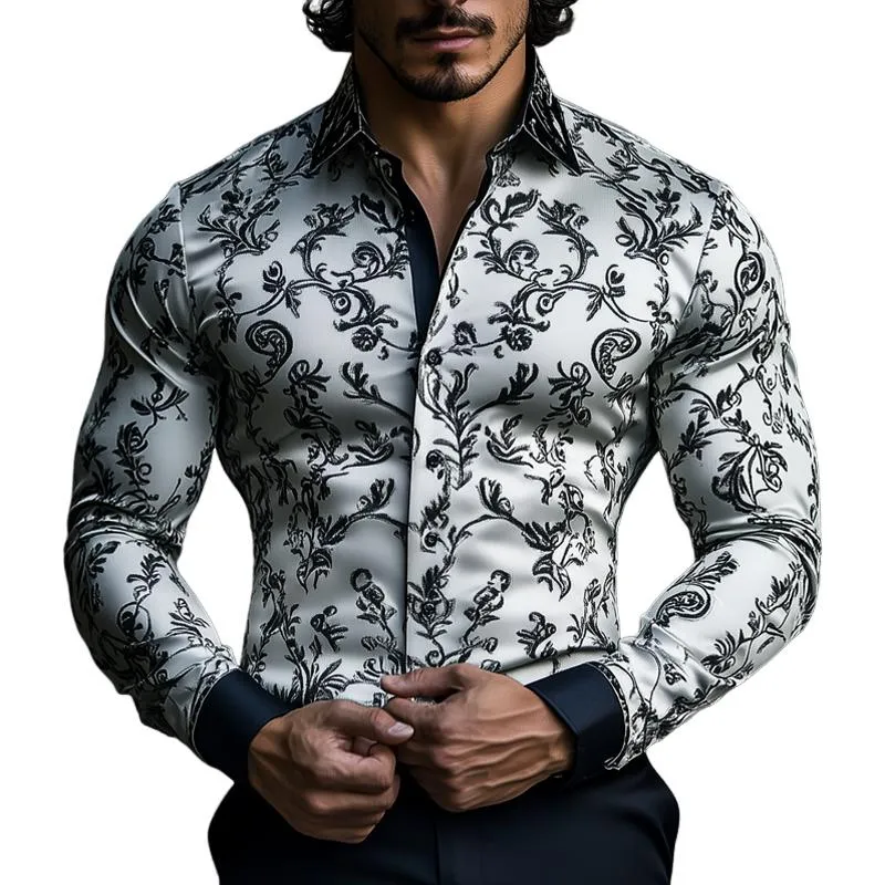 Men's Vintage Jacquard Embroidered Satin Lapel Long Sleeve Shirt 87484004Z sold by Manly