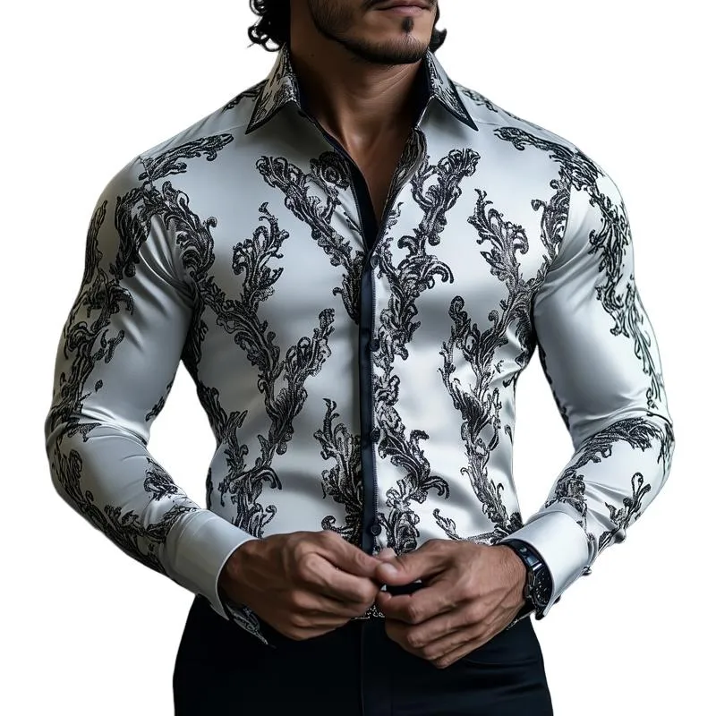 Men's Retro Graphic Print Satin Lapel Long Sleeve Shirt 53784866Z sold by Manly