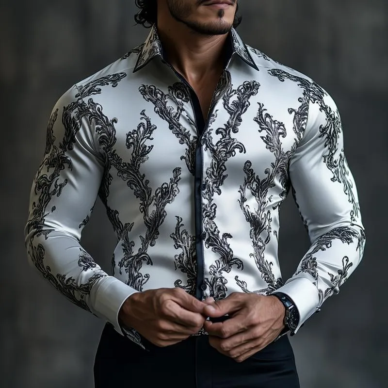 Men's Retro Graphic Print Satin Lapel Long Sleeve Shirt 53784866Z sold by Manly product image thumbnail 2