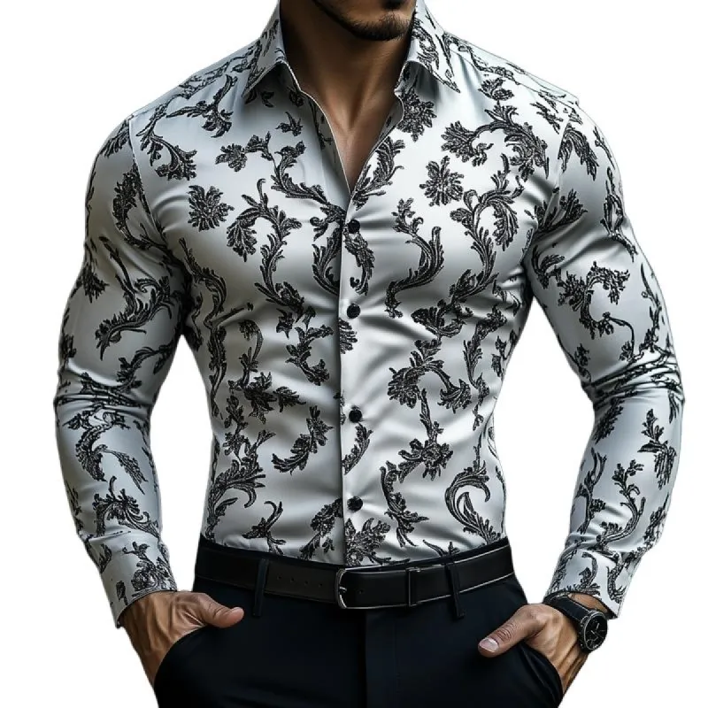 Men's Retro Graphic Print Satin Lapel Long Sleeve Shirt 17784275Z sold by Manly