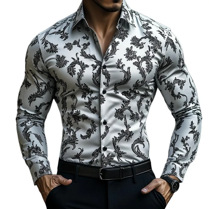 Men's Retro Graphic Print Satin Lapel Long Sleeve Shirt 17784275Z sold by Manly