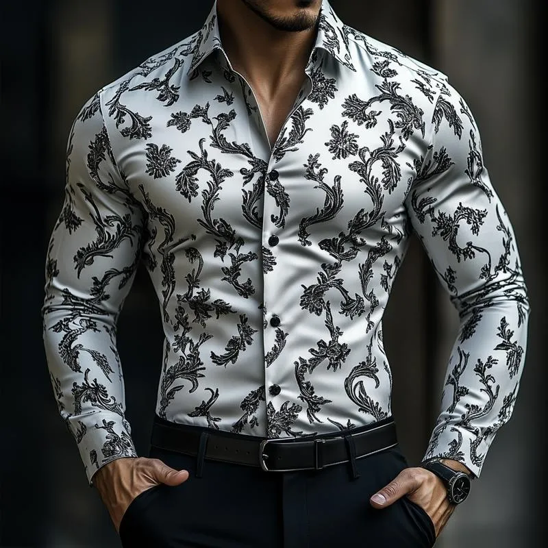 Men's Retro Graphic Print Satin Lapel Long Sleeve Shirt 17784275Z sold by Manly product image thumbnail 2