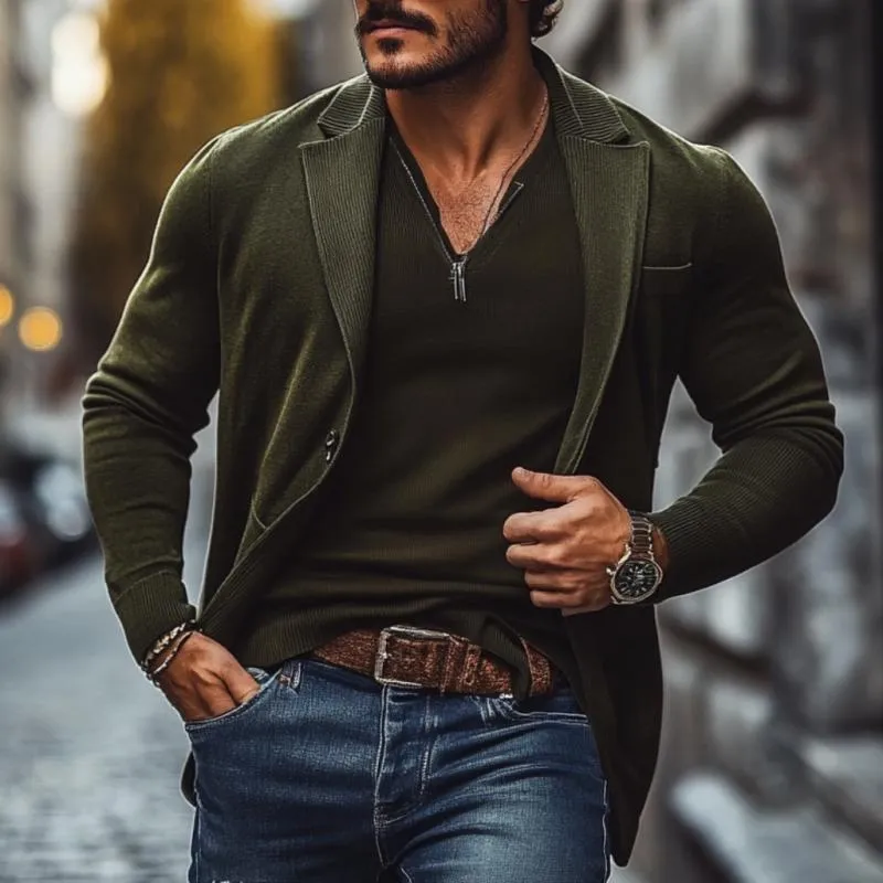 Men's Vintage Solid Color Notch Lapel Slim Fit Knit Cardigan 60112250M sold by Manly product image thumbnail 2