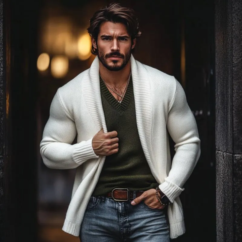 Men's Casual Solid Color Collarless Loose Knitted Cardigan 59285824M sold by Manly product image thumbnail 3