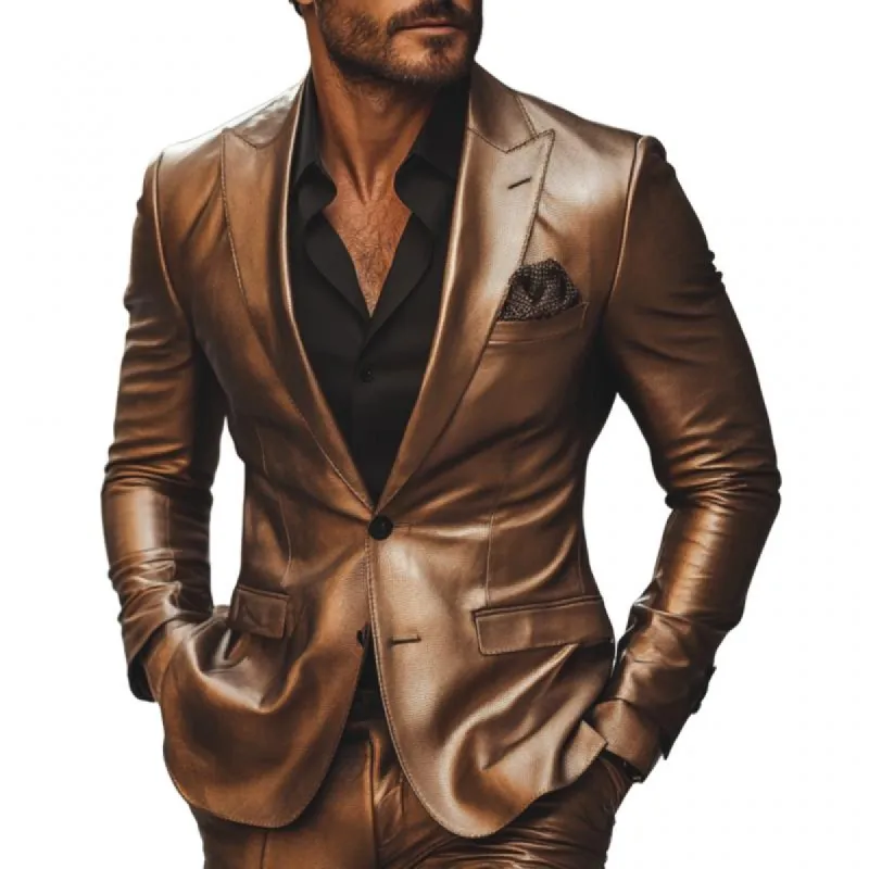 Men's Vintage Leather Peaked Lapel Single Breasted Slim Fit Blazer 30385641M sold by Manly