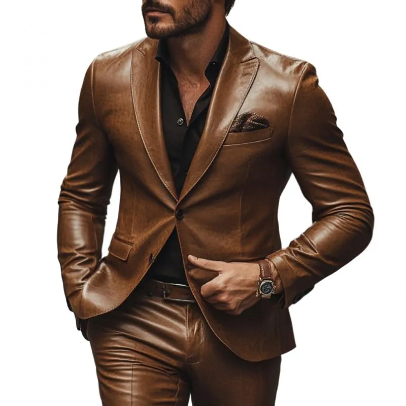 Men's Vintage Leather Peaked Lapel Single Breasted Slim Fit Blazer 01270985M sold by Manly