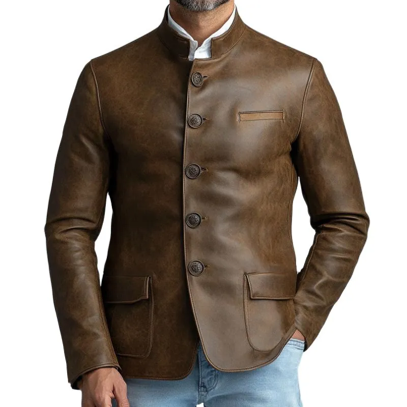 Men's Vintage Distressed Stand Collar Button Leather Jacket 75055507U sold by Manly