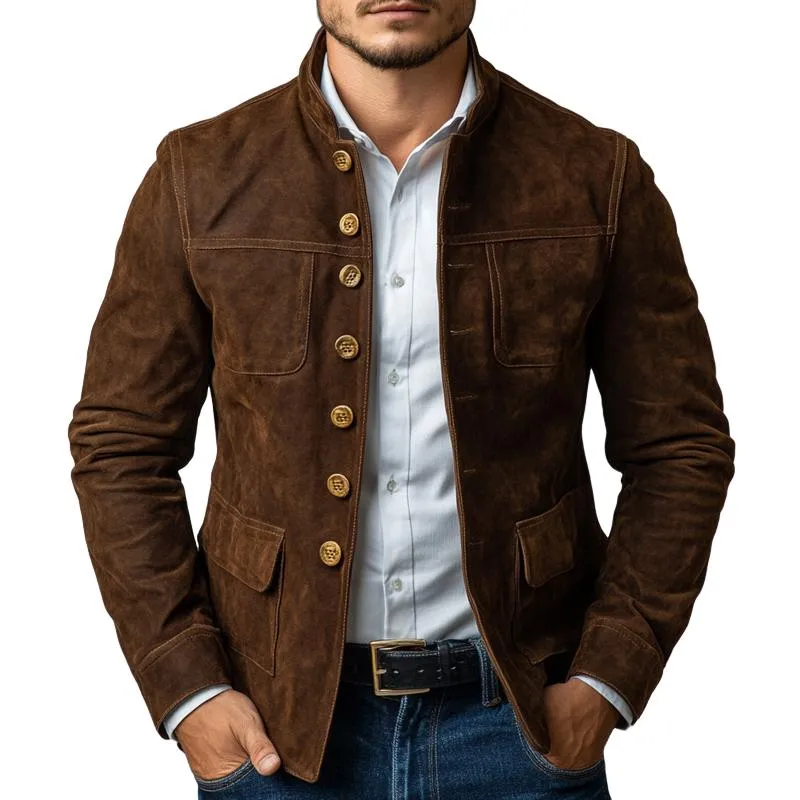 Men's Vintage Suede Stand Collar Button Jacket 22227217U sold by Manly