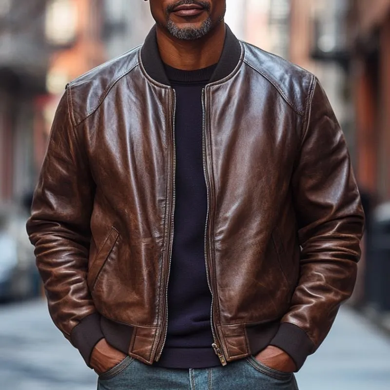 Men's Stylish Leather Baseball Collar Jacket 87222626F sold by Manly product image thumbnail 2