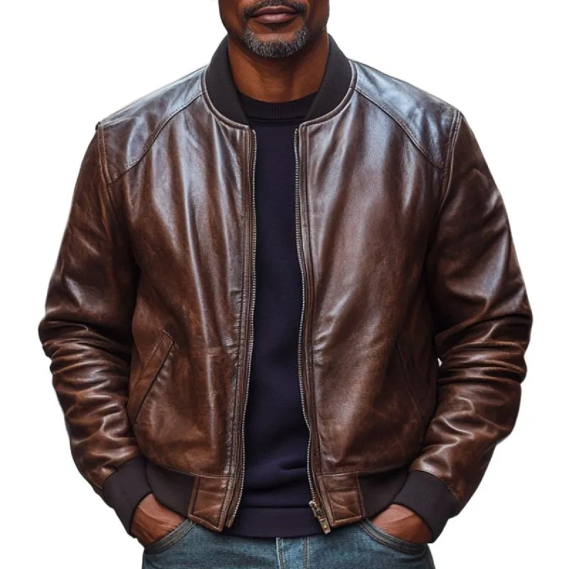 Men's Stylish Leather Baseball Collar Jacket 87222626F sold by Manly