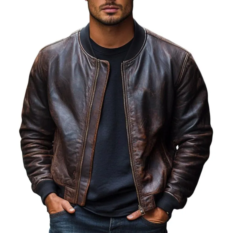 Men's Vintage Premium Leather Baseball Collar Jacket 25048824F sold by Manly