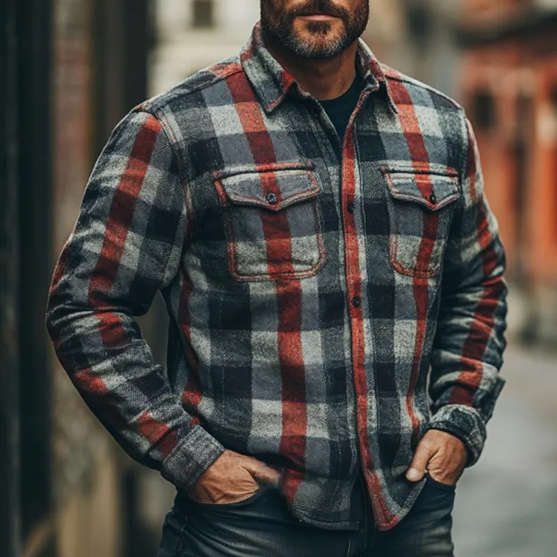 Men's Vintage Lapel Flannel Plaid Long Sleeve Shirt 67569000F sold by Manly product image thumbnail 2