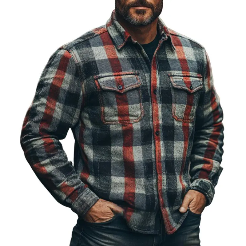 Men's Vintage Lapel Flannel Plaid Long Sleeve Shirt 67569000F sold by Manly