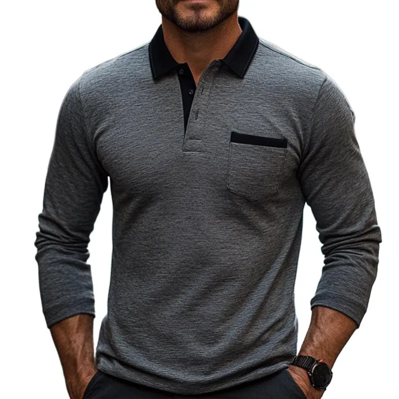 Men's Retro Casual Colorblock Lapel Long Sleeve T-Shirt 34208349TO sold by Manly