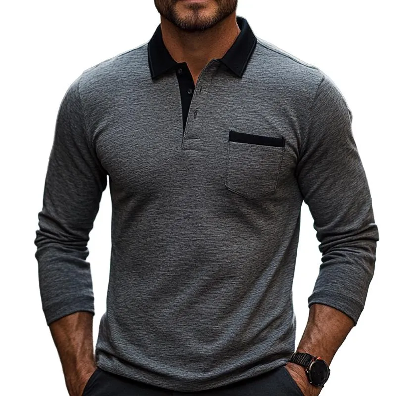 Men's Retro Casual Colorblock Lapel Long Sleeve T-Shirt 34208349TO sold by Manly