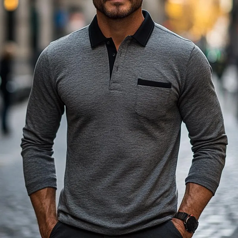 Men's Retro Casual Colorblock Lapel Long Sleeve T-Shirt 34208349TO sold by Manly product image thumbnail 2