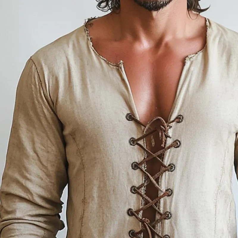 Men's Retro Casual Distressed Drawstring Collarless Long Sleeve Shirt 58627271TO sold by Manly product image thumbnail 3