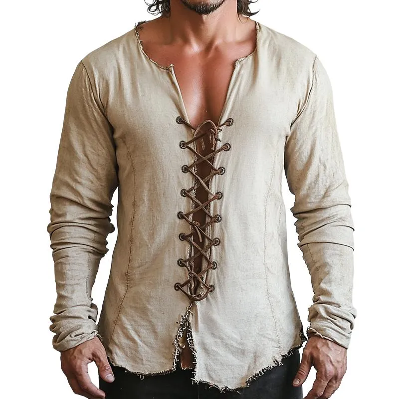 Men's Retro Casual Distressed Drawstring Collarless Long Sleeve Shirt 58627271TO sold by Manly
