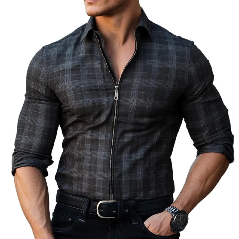 Men's Retro Casual Plaid Lapel Zipper Long Sleeve Shirt 29046508TO sold by Manly