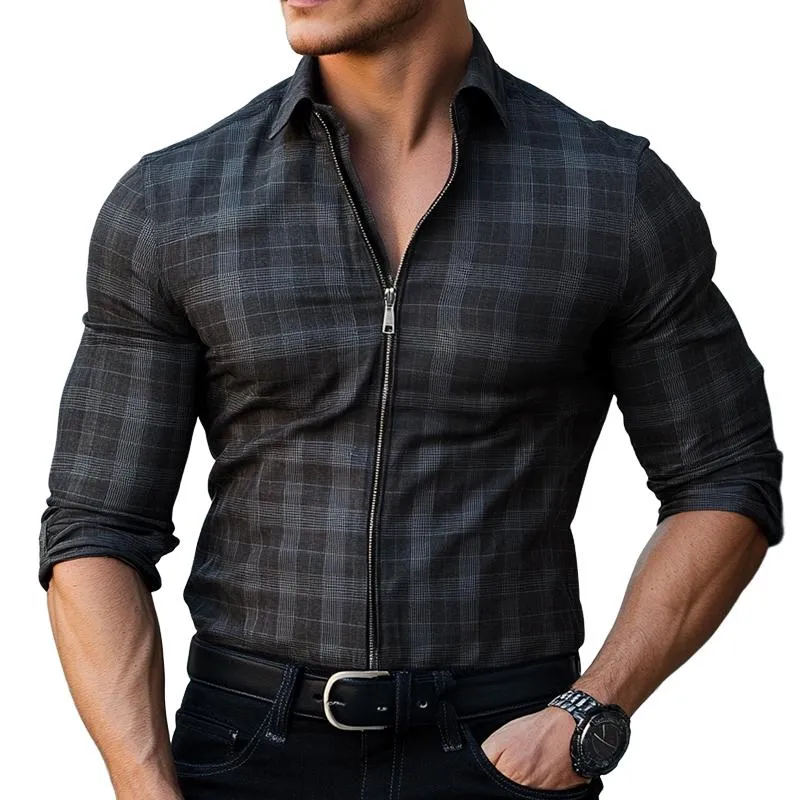Men's Retro Casual Plaid Lapel Zipper Long Sleeve Shirt 29046508TO sold by Manly
