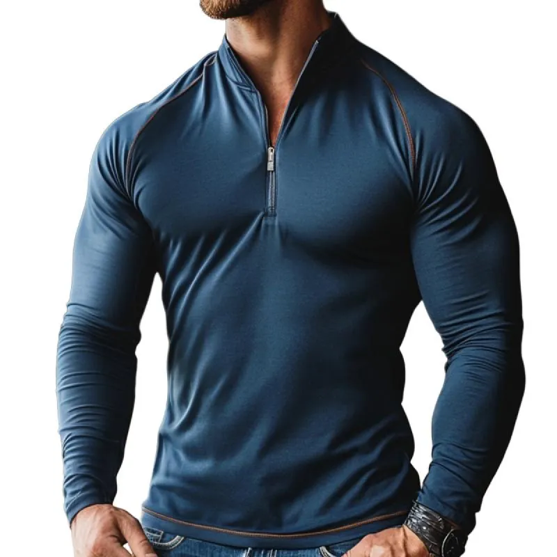 Men's Retro Casual Zipper Stand Collar Long Sleeve T-Shirt 43995224TO sold by Manly