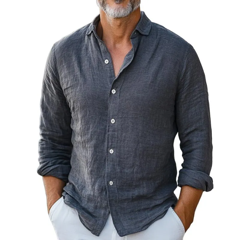 Men's Retro Casual Cotton and Linen Lapel Long Sleeve Shirt 38150961TO sold by Manly
