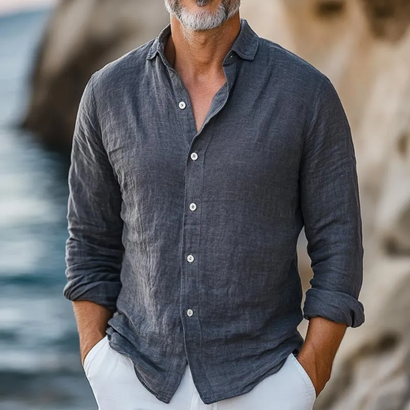 Men's Retro Casual Cotton and Linen Lapel Long Sleeve Shirt 38150961TO sold by Manly product image thumbnail 2