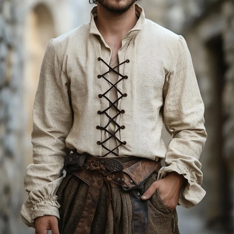 Men's Retro Casual Palace Style Drawstring Lapel Long Sleeve Shirt 14224763TO sold by Manly product image thumbnail 2