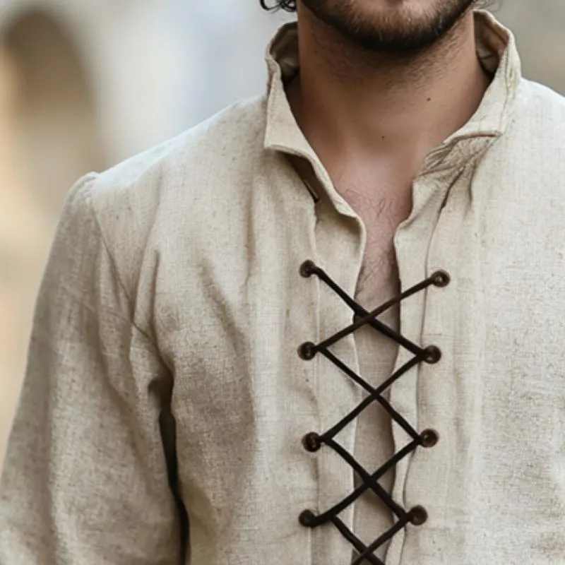 Men's Retro Casual Palace Style Drawstring Lapel Long Sleeve Shirt 14224763TO sold by Manly product image thumbnail 3