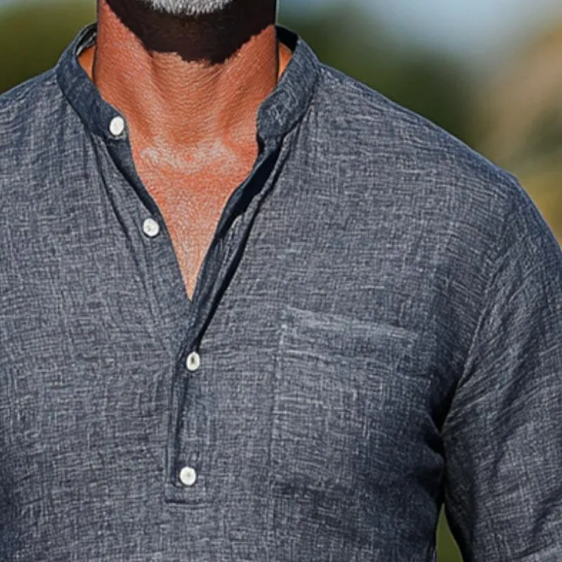 Men's Retro Casual Cotton and Linen Stand Collar Long Sleeve Shirt 63204095TO sold by Manly product image thumbnail 3