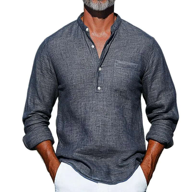 Men's Retro Casual Cotton and Linen Stand Collar Long Sleeve Shirt 63204095TO sold by Manly