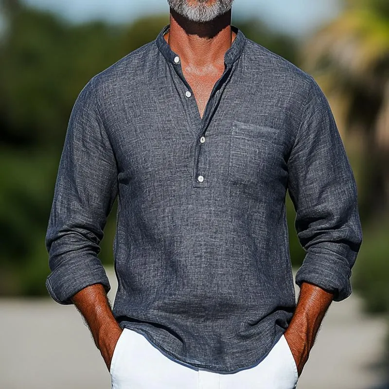 Men's Retro Casual Cotton and Linen Stand Collar Long Sleeve Shirt 63204095TO sold by Manly product image thumbnail 2