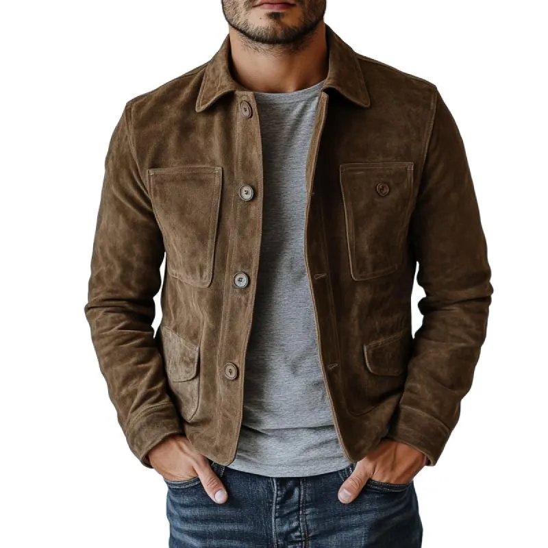 Men's Vintage Suede Buttons Multi-Pocket Lapel Jacket 84627631Y sold by Manly