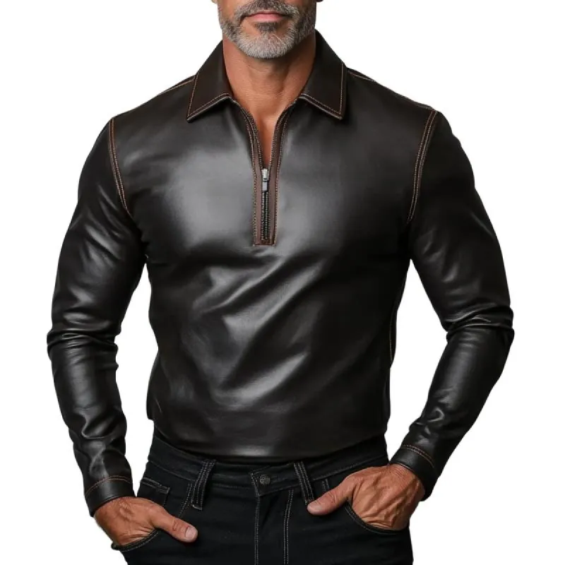 Men's Fashion Zipper Lapel Leather Long Sleeve Polo Shirt 63111453Y sold by Manly