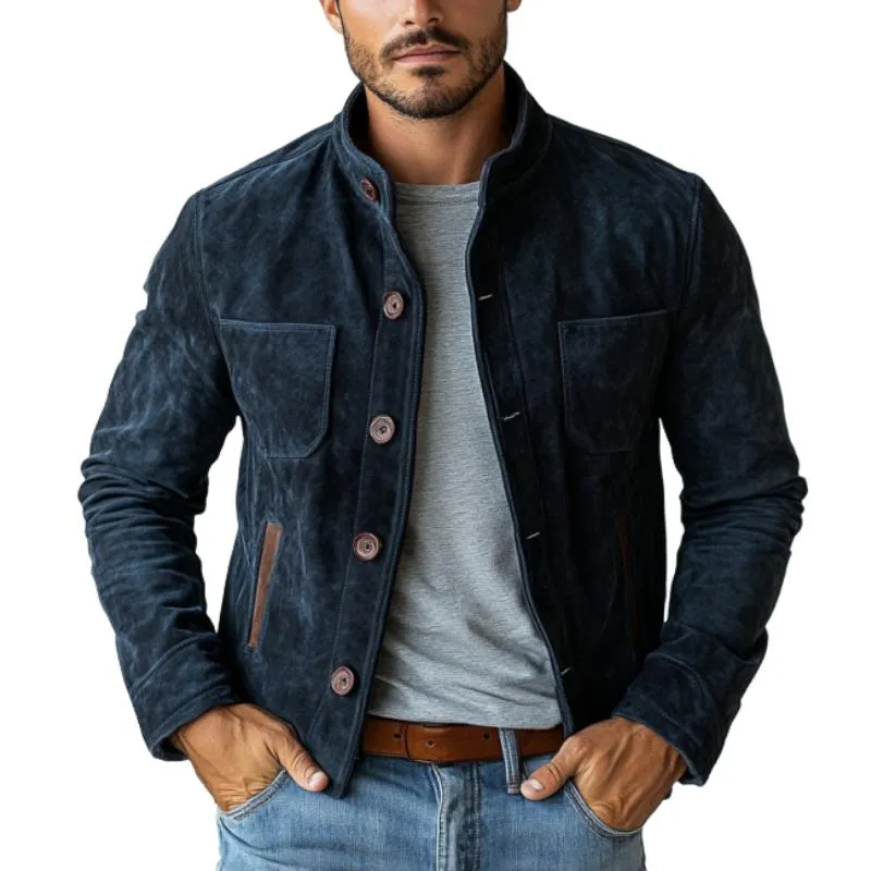 Men's Vintage Suede Buttons Multi-Pocket Stand Collar Jacket 00366478Y sold by Manly