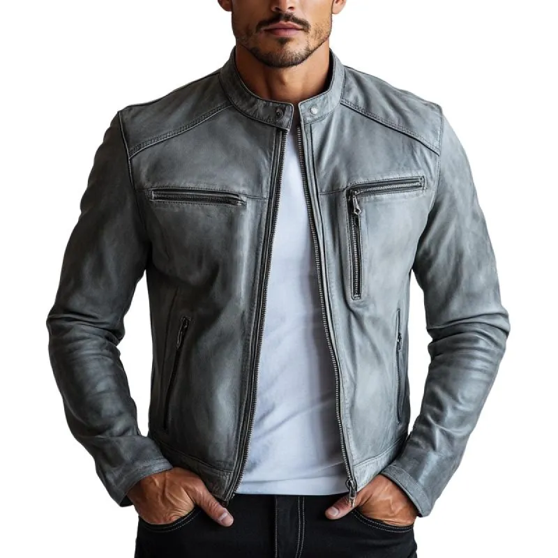 Men's Vintage Grey Stand Collar Zipper Leather Jacket 58148987U sold by Manly