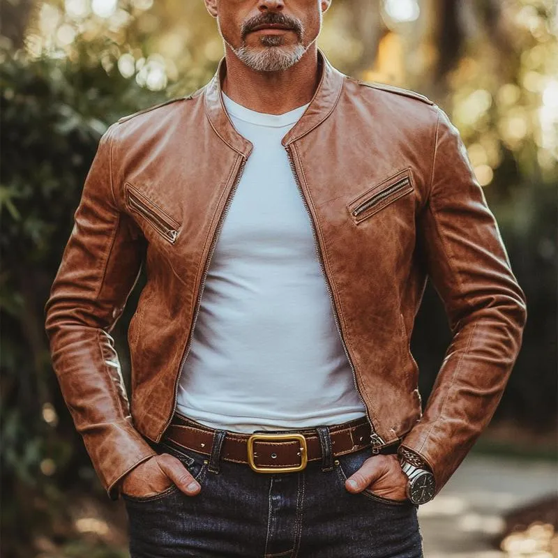 Men's Vintage Stand Collar Zipper Leather Jacket 87360215U sold by Manly product image thumbnail 2