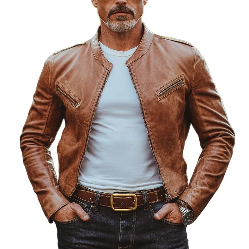Men's Vintage Stand Collar Zipper Leather Jacket 87360215U sold by Manly