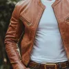 Men's Vintage Stand Collar Zipper Leather Jacket 87360215U sold by Manly