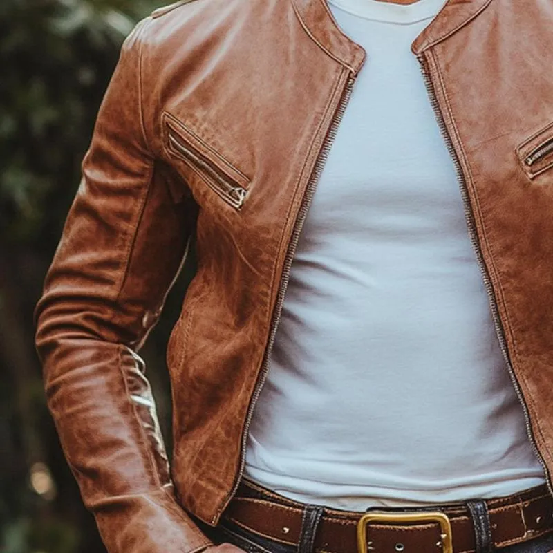 Men's Vintage Stand Collar Zipper Leather Jacket 87360215U sold by Manly product image thumbnail 3